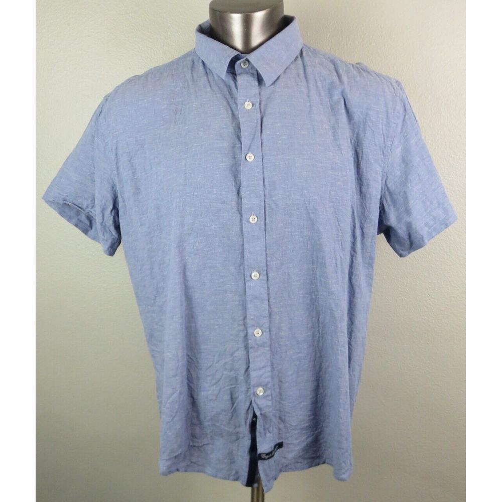 Mens English Laundry Short Sleeve Button Front Shirt Blue Linen Blend Solid XL